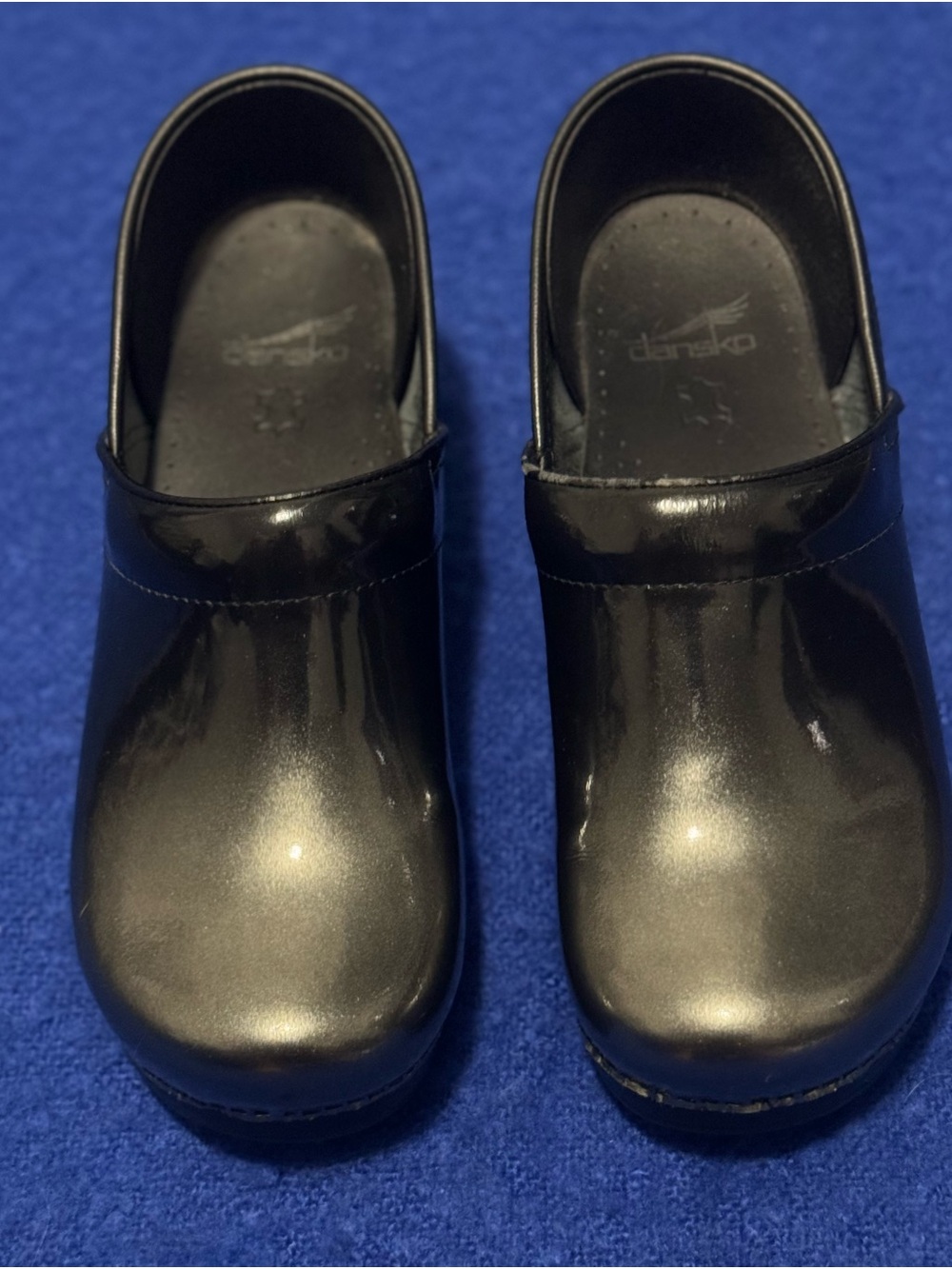 Dansko Black and Gray “Oil-Slick” Patent Slip-On Clogs